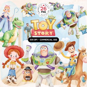 以下が含まれることがあります： 映画「トイ・ストーリー」のキャラクターを描いた水彩イラスト。バズ・ライトイヤー、ウッディ、ジェシー、レックスなどのキャラクターが含まれています。「TOY STORY」の文字と「300 DPI - COMMERCIAL USE」が表示されています。