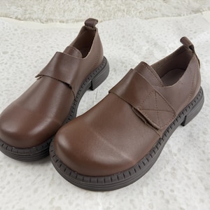 Brown Cow Leather Loafers for Women – Soft Wide Toe Flat Shoes – Pigskin Insole Handmade Vintage Velcro Flats