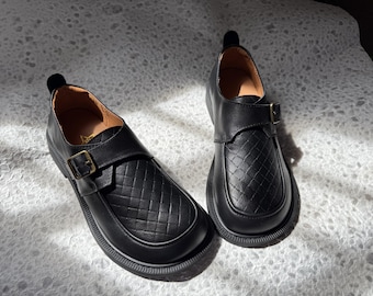 Handmade Black Leather Loafers for Women | Woven Genuine Cowhide Flats Comfortable Slip On Shoes with Pigskin Insole | Vintage Buckle Design