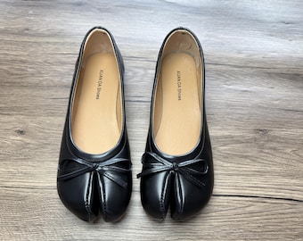 Women Genuine Leather Tabi Ballet Flats | Black Split Toe Shoes with Bow | Retro Japanese Inspired Soft Sole Minimalist Flats