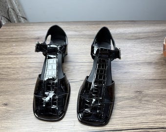 Women Woven Patent Leather Sandals | Black Retro Strappy Block Heels 5cm | Genuine Cowhide Summer Dress Shoes Vintage Mid Heel Ankle Strap