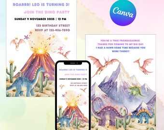 Dinosaur Birthday Invitation Template | Editable Canva Invite for Kids | Printable T-Rex Party Invitation