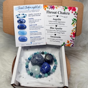 May include: A Throat Chakra crystal set in a cardboard box containing a beaded bracelet and four polished blue stones. Two informational cards are included, detailing the properties of Angelite, Sodalite, Lapis Lazuli, Aquamarine, and Blue Aventurine.