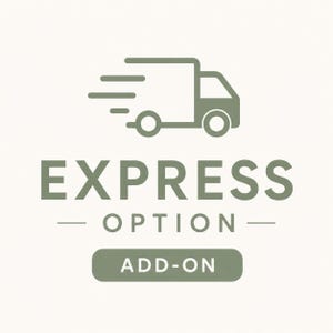 Op de afbeelding: Olijfgroene afbeelding met een gestileerd icoon van een bezorgtruck en de woorden "EXPRESS OPTION" in een vetgedrukte lettertype. Daaronder staat in een groene rechthoek "ADD-ON". De achtergrond is lichtbeige.