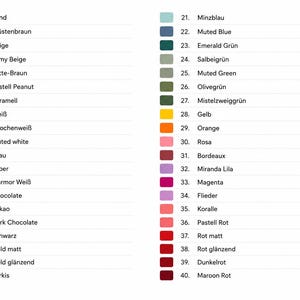 May include: A colour chart featuring forty numbered swatches arranged in two columns. Each swatch is accompanied by a corresponding colour name in German, including shades of beige, brown, white, grey, blue, green, yellow, orange, pink, and red.