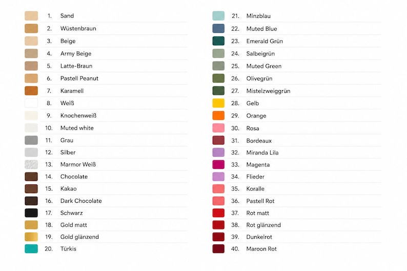 May include: A colour chart featuring forty numbered swatches arranged in two columns. Each swatch is accompanied by a corresponding colour name in German, including shades of beige, brown, white, grey, blue, green, yellow, orange, pink, and red.