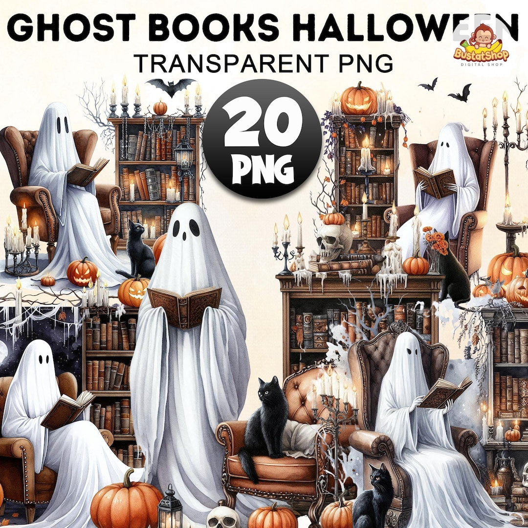 20+ Spooky Clipart Bundle, Retro Ghost Reading Books Png, Librarian ...