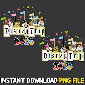 Op de afbeelding: Een kleurrijk Disney Trip 2023 ontwerp met Mickey en Minnie Mouse, Donald en Daisy Duck en Pluto. Het ontwerp bevat vlaggen, ballonnen en harten, met de tekst "Disney Trip" en "2023".
