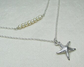 Beach Necklace Sterling Silver Starfish Pearl Bar Necklace for Women Beach Wedding Necklace Layered Necklace Set Layering Jewelry