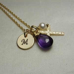 Gold Initial Necklace Birthstone Necklace Mothers Necklace Personalized Necklace Gold Cross Necklace Baptism Jewelry Gift for Her image 1