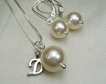 Bridesmaid Jewelry Set Pearl Bridesmaid Necklace Earrings Personalized Bridesmaid Gift Pearl Bridal Jewelry Set Pearl Initial Necklace