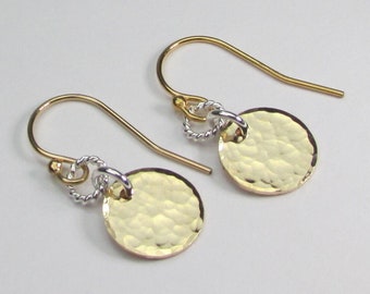 Mixed Metal Earrings Gold Filled Disc Earrings with Sterling Silver Dangle Circle Earrings