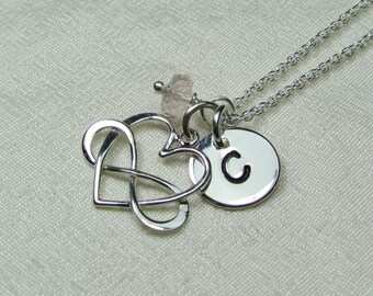 Birthstone Necklace Sterling Silver Initial Necklace Personalized Necklace for Mom Heart Infinity Necklace Mothers Necklace Monogram Jewelry