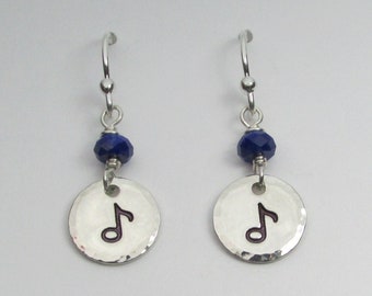 Music Note Earrings Sterling Silver Lapis Lazuli Disc Earrings Personalized Birthstone Jewelry for Women