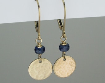 Sapphire Blue Kyanite Earrings Gold Disc Earrings Dangle with Gemstone Birthstone Earrings September Birthday Jewelry Gift for Her