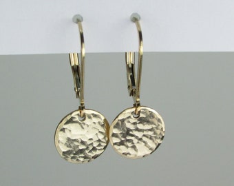 Gold Earrings Dangle Minimalist for Women Hammered Disc Earrings with Leverbacks