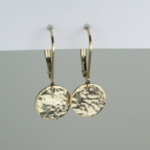 Gold Earrings Dangle Minimalist for Women Hammered Disc Earrings with Leverbacks