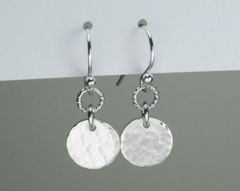 Small Disc Earrings Sterling Silver Hammered Circle Earrings Dangle Gift for Women