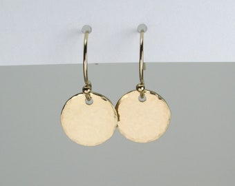 Gold Disc Earrings Hammered Circle Drop Earrings