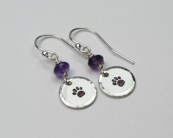 Paw Print Earrings Sterling Silver Birthstone Earrings Personalized Jewelry Gift for Dog Mom