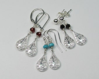 Sterling Silver Birthstone Earrings Gemstone Filigree Teardrop Dangle Earrings for Women