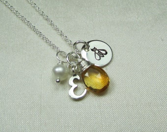 Initial Necklace Sterling Silver Personalize Necklace Monogram Necklace Mothers Birthstone Necklace Personalized Jewelry Honey Bee Necklace