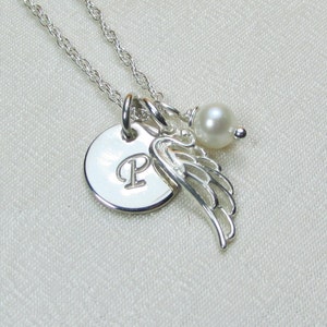 Sterling Silver Angel Wing Necklace Personalized Mothers Necklace Birthstone Necklace Guardian Angel Necklace Monogram Initial Necklace