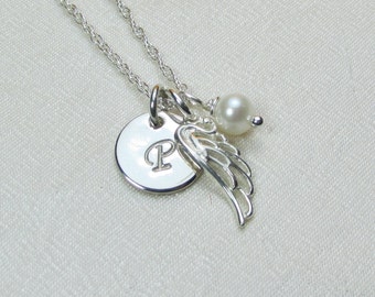 Initial Necklace Sterling Silver Angel Wing Necklace Personalized Mothers Necklace Birthstone Monogram Necklace Memorial Jewelry Gift