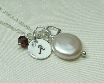 Initial Necklace Personalized Necklace for Mom Birthstone Necklace Monogram Mothers Necklace Coin Pearl Necklace Personalized Jewelry Gift