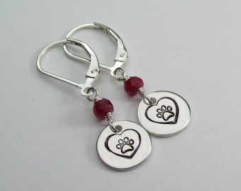 Paw Print Earrings Sterling Silver Ruby July Birthstone Earrings Personalized Jewelry Gift for Dog Mom