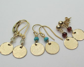 Gold Disc Earrings Custom Gemstone Dangle Earrings Birthstone Jewelry Hammered Circle Earrings