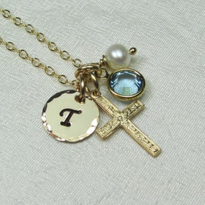 Mothers Necklace with Birthstone Initial Necklace Gold Cross Necklace Personalized Jewelry Monogram Necklace Baptism Gift for Mom