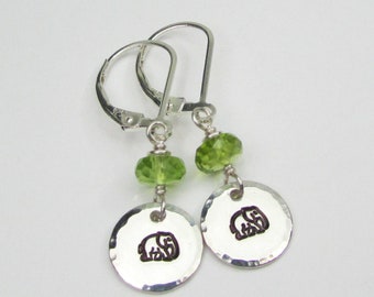 Lucky Elephant Earrings Sterling Silver Peridot Birthstone Earrings Dangle Drop Personalized Jewelry Gift for Women