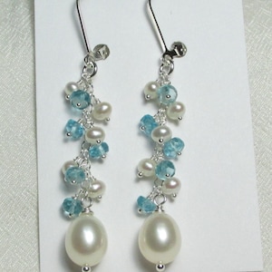 Sterling Silver Pearl Earrings Long Cluster Cascade Gemstone Earrings Beach Wedding Jewelry Bridal Earrings Somthing Blue