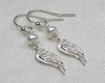 Angel Wing Earrings Dangle Birthstone Earrings for Mom Gemstone Pearl Mothers Earrings Sterling Silver Personalized Jewelry Gift for Mom