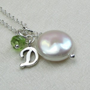 Personalized Necklace Coin Pearl Necklace Monogram Necklace Initial Necklace with Birthstone Necklace Mothers Necklace Personalized Jewelry image 1