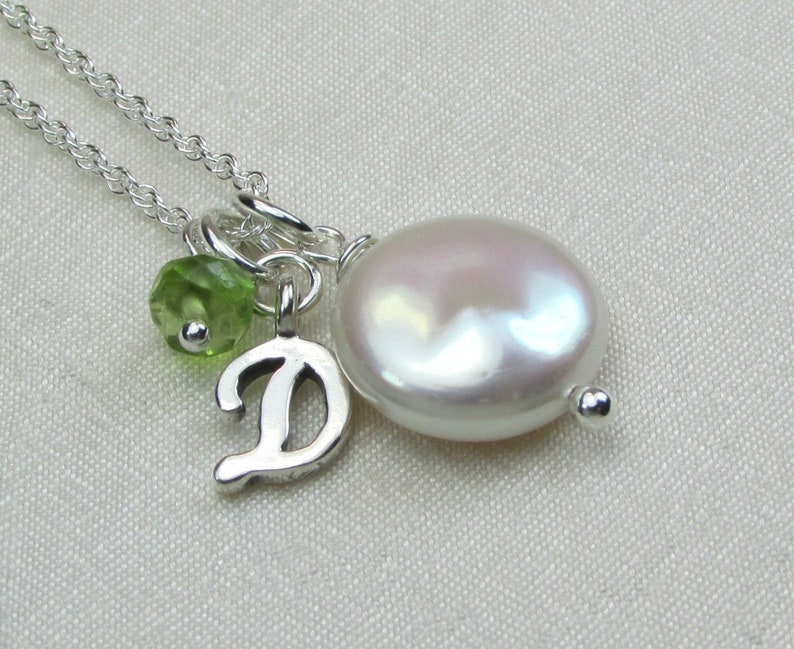 Personalized Necklace Coin Pearl Necklace Monogram Necklace Initial Necklace with Birthstone Necklace Mothers Necklace Personalized Jewelry image 1