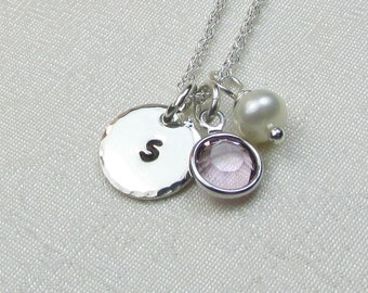 Personalized Necklace for Mom June Birthstone Necklace Sterling Silver Initial Necklace Birthstone Mothers Necklace Monogram Necklace