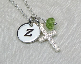 Initial Necklace Mothers Necklace Personalized Necklace for Mom Sterling Silver Cross Necklace with Birthstone Necklace Personalized Jewelry