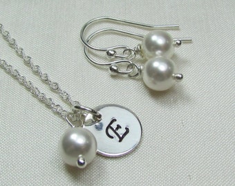Personalized Bridesmaid Jewelry Set Initial Necklace Sterling Silver Pearl Earrings Bridesmaid Gift Bridesmaid Necklace Wedding Jewelry Set