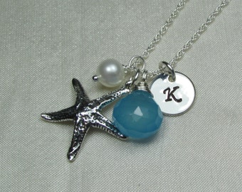 Initial Necklace Bridesmaid Jewelry Beach Wedding Bridesmaid Gift Personalized Necklace Monogram Necklace Starfish Blue Bridesmaid Necklace