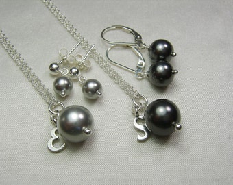 Bridesmaid Jewelry Set Pearl Bridesmaid Necklace Earrings Sterling Silver Personalized Bridesmaid Gift Black Gray Wedding Jewelry Set