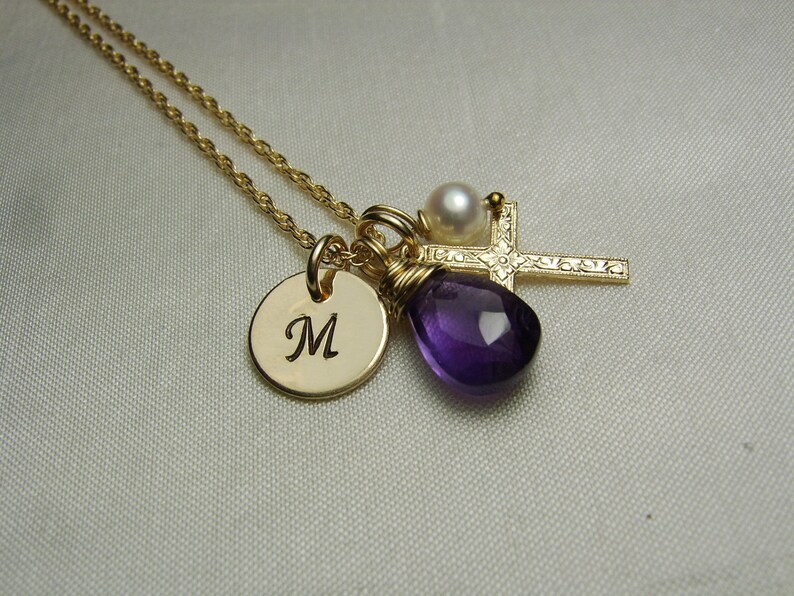 Gold Initial Necklace Birthstone Necklace Mothers Necklace Personalized Necklace Gold Cross Necklace Baptism Jewelry Gift for Her image 1