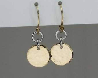 Gold Filled Disc Earrings with Sterling Silver Mixed Metal Earrings Dangle Circle Earrings