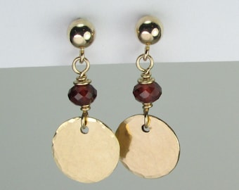 Gold Hammered Disc Earrings with Gemstone Garnet Earrings Dangle January Birthstone Jewelry Gift for Women