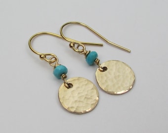 Gold Turquoise Earrings Dangle Hammered Disc Earrings Custom December Birthstone Jewelry Gift for Her