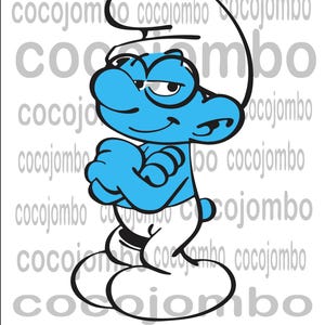 Könnte beinhalten: Eine blaue Cartoonfigur mit weißem Hut und Hose, verschränkten Armen und einem verschmitzten Gesichtsausdruck. Der Hintergrund zeigt das Wort "cocojombo" in hellgrauer Schrift wiederholt. Das untere Banner lautet "SVG-PNG-EPS-DXF".