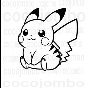 May include: Black and white line art of Pikachu, a popular character. The cartoon figure is sitting with its hands clasped, featuring large eyes, rosy cheeks, and a zig-zag tail. The image has a simple, clean design.