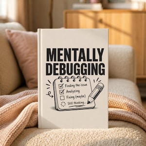 May include: A white hardcover book featuring the black text MENTALLY DEBUGGING above a graphic of a spiral-bound notepad. The notepad shows a checklist with the items Finding the issue, Analyzing, Fixing (maybe), and Still thinking, with a pencil.
