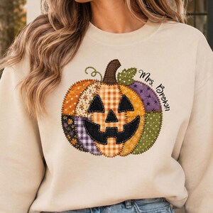 Custom Faux Patchwork Design Print Pumpkin Teacher Sweatshirt, Halloween Spooky Patch Pumpkin Gift, Custom Name Fun Halloween Teacher Hoodie